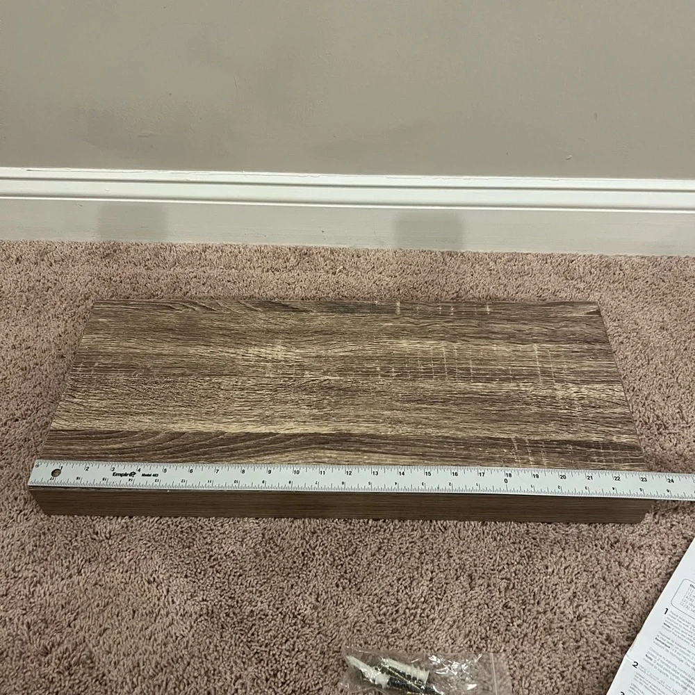 New in box rustic wood floating shelf 24 x 20x 2 hidden bracket rustic wood